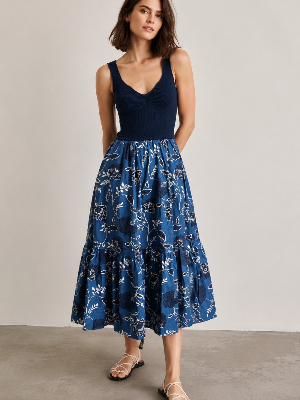 NWT Lucky Brand Josefina Mixed Media Floral Midi Dress Navy Blue XS